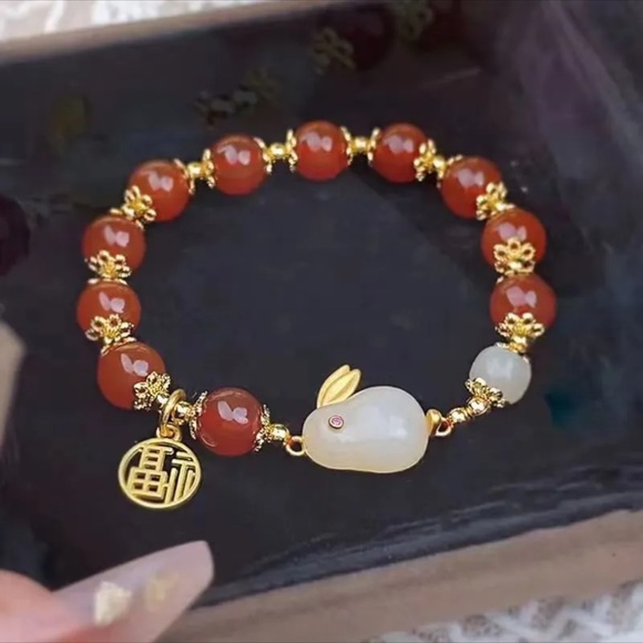 Hand Crafted Other - COPY - COPY - Gold Red White Jade Rabbit Bunny Stretch Bracelet